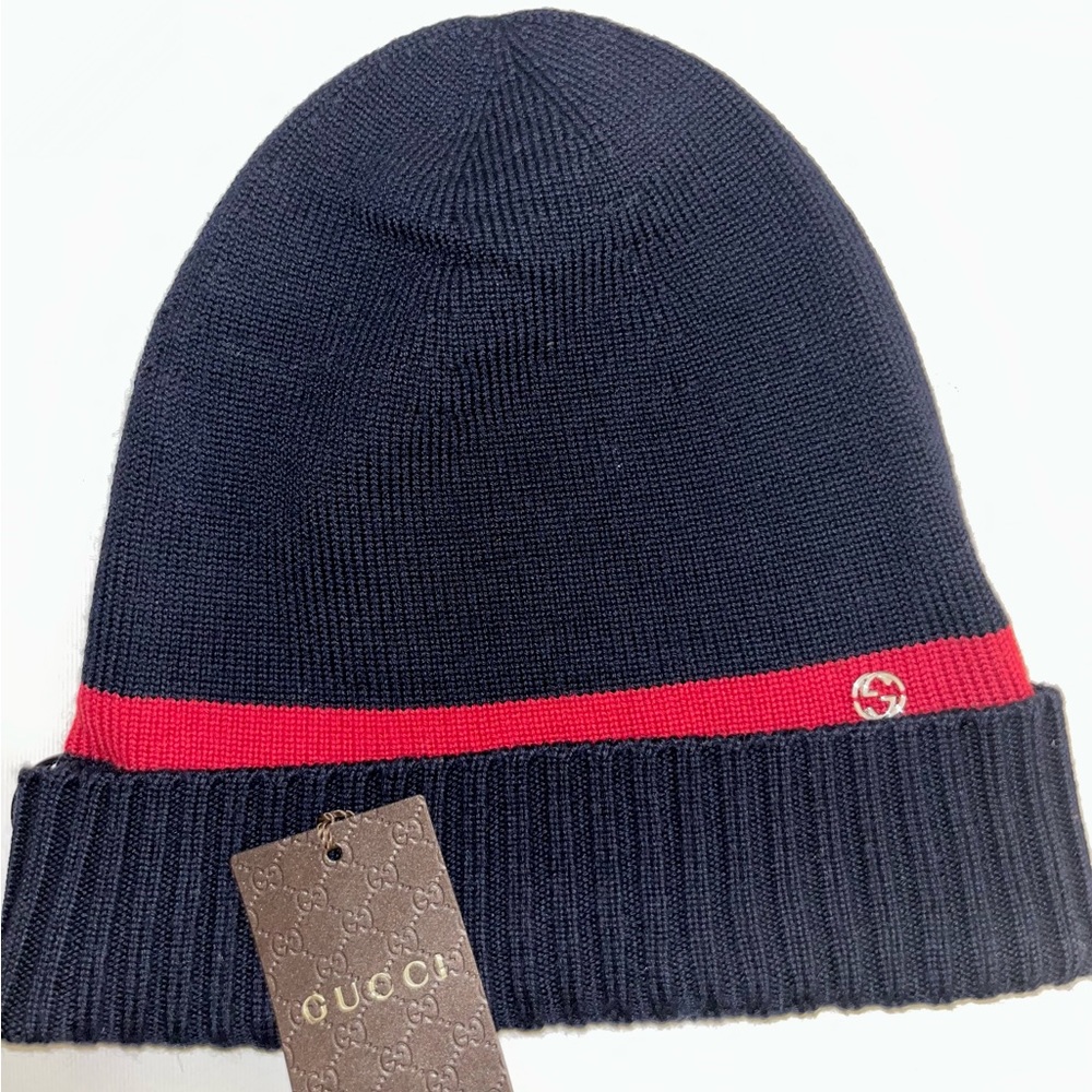 GUCCI Wool New Port Webstripe Beanie Dark Blue